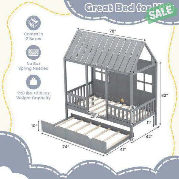 Twin Size Bed Frame House Bed with Trundle and 82 Inch Tall Roof-Gray Toddler Beds