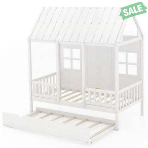 Twin Size Bed Frame House Bed with Trundle and 82 Inch Tall Roof-Gray Toddler Beds