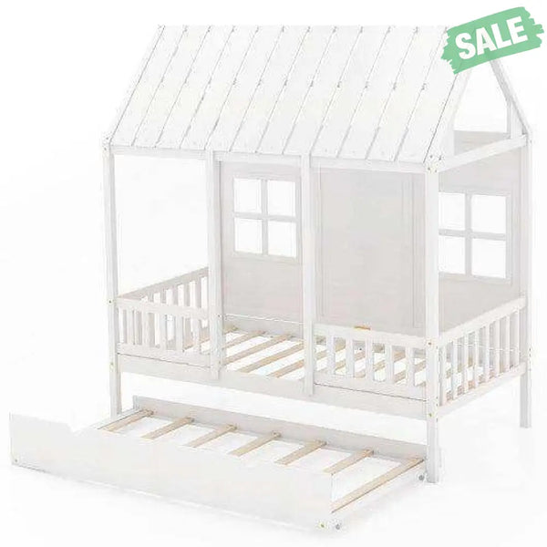 Twin Size Bed Frame House Bed with Trundle and 82 Inch Tall Roof-Gray Toddler Beds