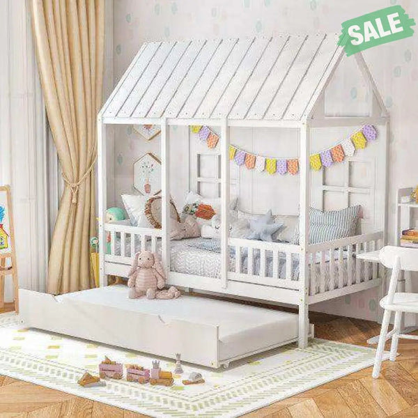 Twin Size Bed Frame House Bed with Trundle and 82 Inch Tall Roof-Gray Toddler Beds