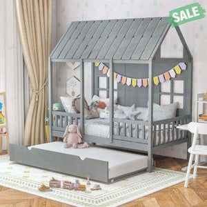 Twin Size Bed Frame House Bed with Trundle and 82 Inch Tall Roof-Gray Toddler Beds