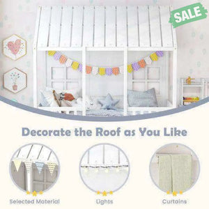 Twin Size Bed Frame House Bed with Trundle and 82 Inch Tall Roof-Gray White Toddler Beds