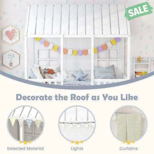 Twin Size Bed Frame House Bed with Trundle and 82 Inch Tall Roof-Gray White Toddler Beds