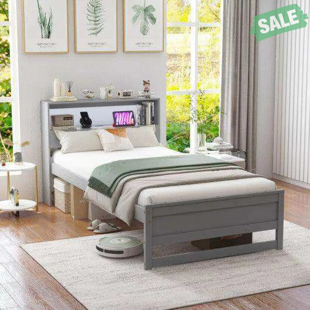 Twin Size Bed Frame with Storage Headboard and Charging Station-Gray Toddler Beds