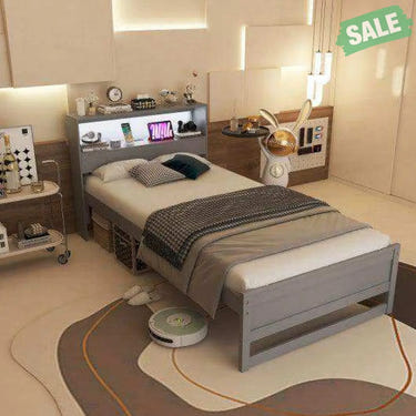 Twin Size Bed Frame with Storage Headboard and Charging Station-Gray Toddler Beds