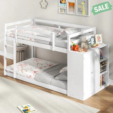 Twin Size Bunk Bed with Convertible Bookcase and Ladder-White Toddler Beds