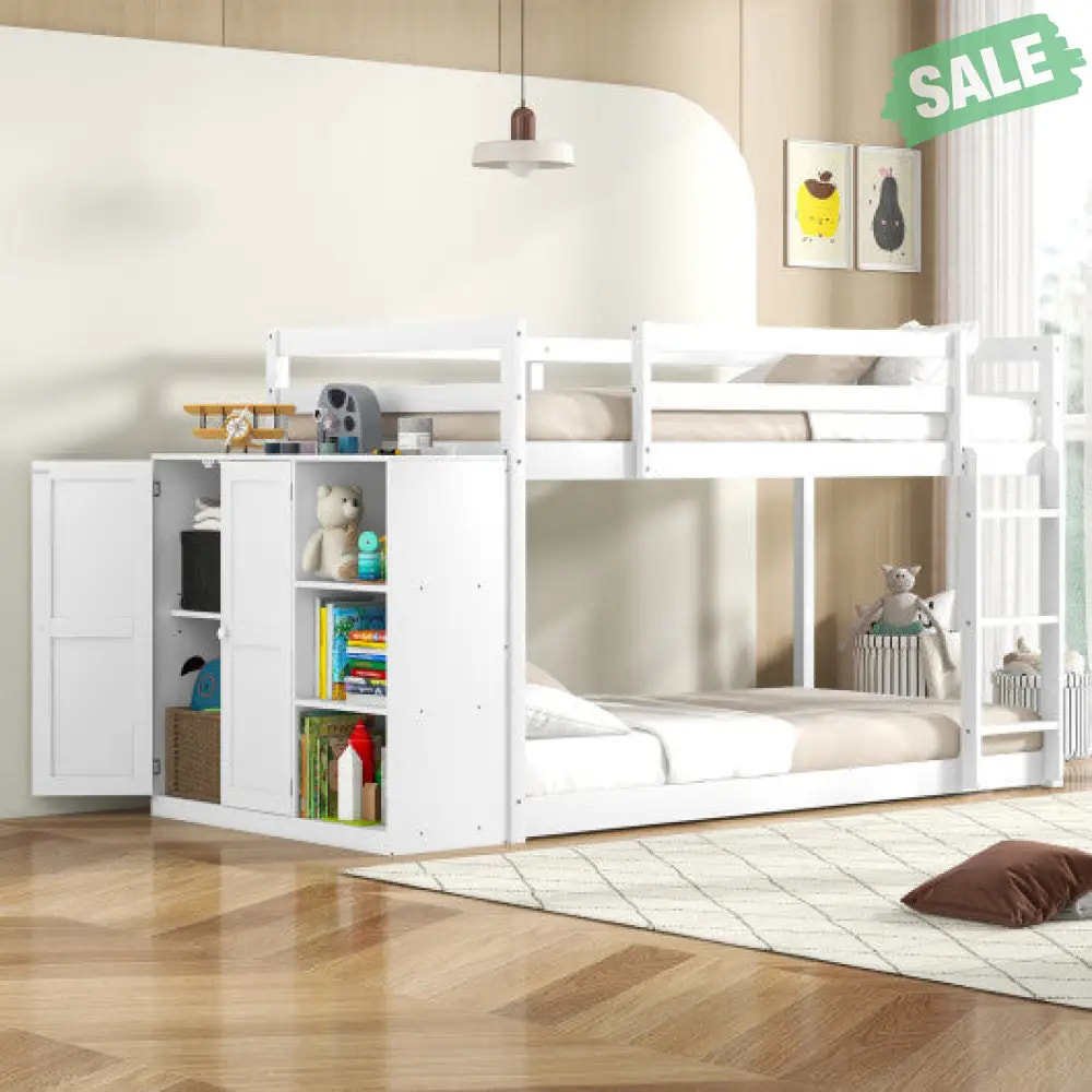 Twin Size Bunk Bed with Convertible Bookcase and Ladder-White Toddler Beds