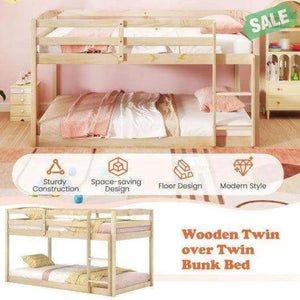 Twin Size Bunk Bed with High Guardrails and Integrated Ladder-Gray Natural Toddler Beds