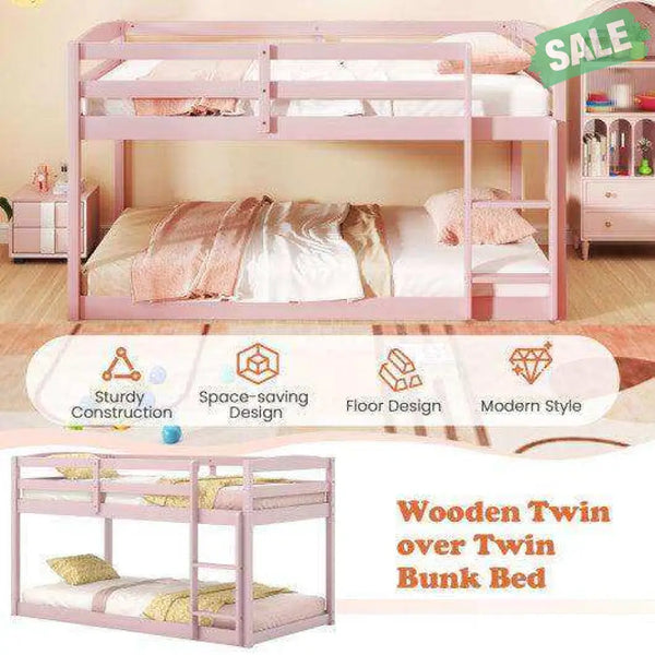 Twin Size Bunk Bed with High Guardrails and Integrated Ladder-Gray Pink Toddler Beds