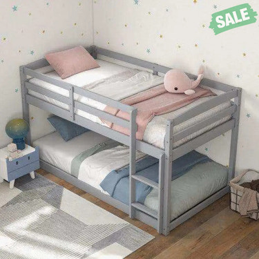 Twin Size Bunk Bed with High Guardrails and Integrated Ladder-Gray Toddler Beds