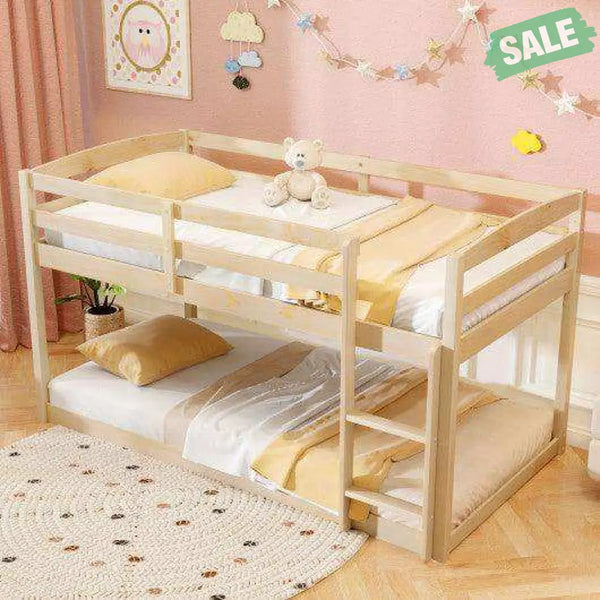 Twin Size Bunk Bed with High Guardrails and Integrated Ladder-Gray Toddler Beds