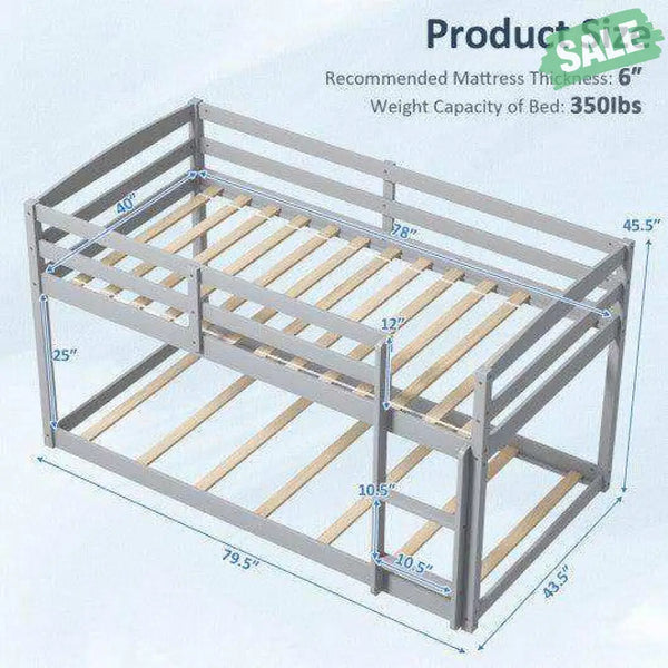 Twin Size Bunk Bed with High Guardrails and Integrated Ladder-Gray Toddler Beds