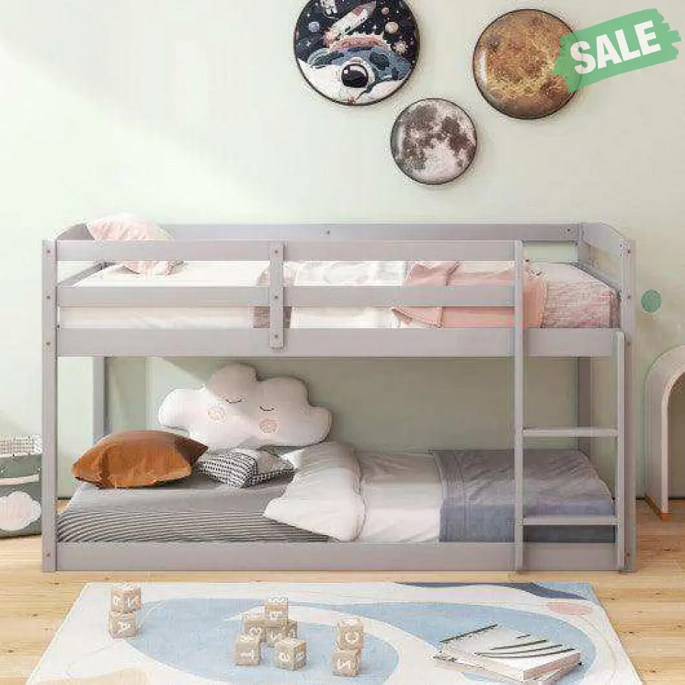 Twin Size Bunk Bed with High Guardrails and Integrated Ladder-Gray Toddler Beds