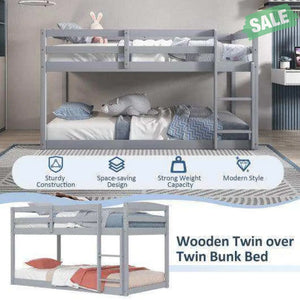 Twin Size Bunk Bed with High Guardrails and Integrated Ladder-Gray Gray Toddler Beds