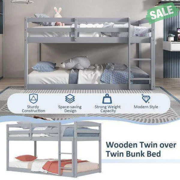 Twin Size Bunk Bed with High Guardrails and Integrated Ladder-Gray Gray Toddler Beds