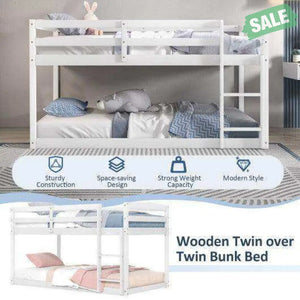 Twin Size Bunk Bed with High Guardrails and Integrated Ladder-Gray White Toddler Beds