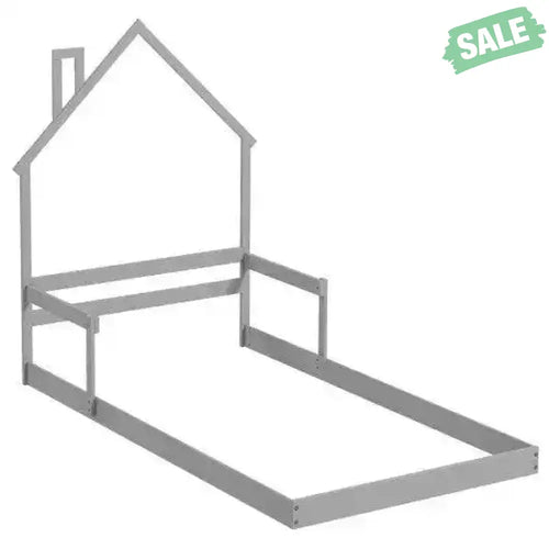 Twin Size Floor Bed with Chimney and Headboard and Handrail-White Gray Toddler Beds