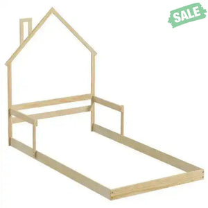 Twin Size Floor Bed with Chimney and Headboard and Handrail-White Natural Toddler Beds