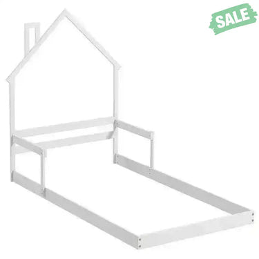 Twin Size Floor Bed with Chimney and Headboard and Handrail-White White Toddler Beds
