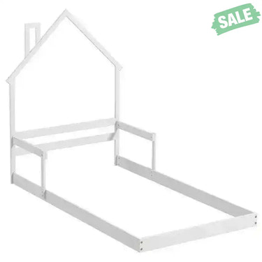 Twin Size Floor Bed with Chimney and Headboard and Handrail-White White Toddler Beds