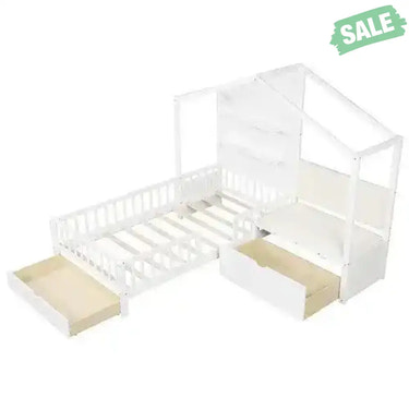 Twin Size House Bed Kids Platform Bed with Padded Bench-White Toddler Beds