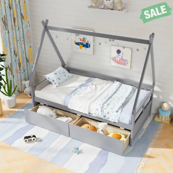 Twin Size House Bed with Roof and Safety Guardrail-Gray Toddler Beds