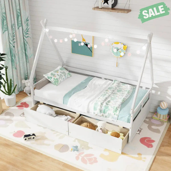 Twin Size House Bed with Roof and Safety Guardrail-Gray Toddler Beds