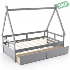 Twin Size House Bed with Roof and Safety Guardrail-Gray Toddler Beds