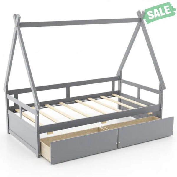 Twin Size House Bed with Roof and Safety Guardrail-Gray Toddler Beds