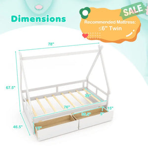 Twin Size House Bed with Roof and Safety Guardrail-Gray Toddler Beds