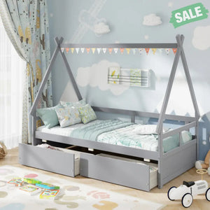 Twin Size House Bed with Roof and Safety Guardrail-Gray Toddler Beds