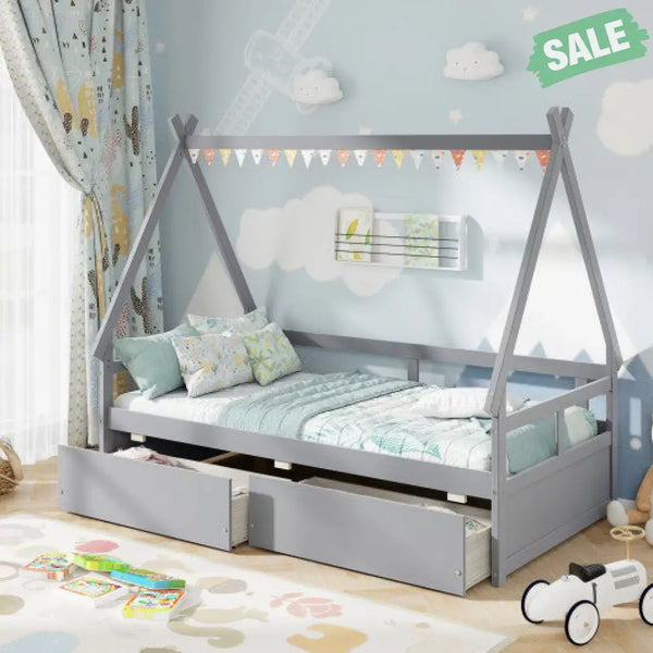 Twin Size House Bed with Roof and Safety Guardrail-Gray Toddler Beds