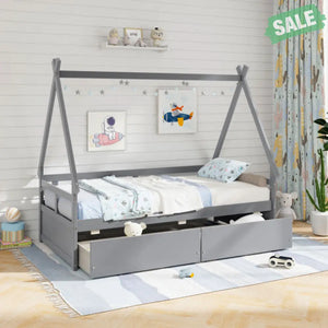 Twin Size House Bed with Roof and Safety Guardrail-Gray Toddler Beds