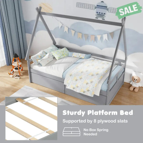 Twin Size House Bed with Roof and Safety Guardrail-Gray Gray Toddler Beds
