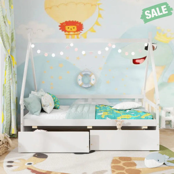 Twin Size House Bed with Roof and Safety Guardrail-Gray Toddler Beds