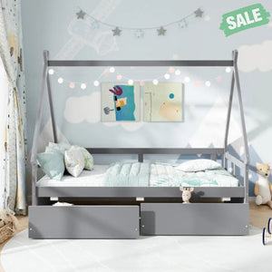 Twin Size House Bed with Roof and Safety Guardrail-Gray Toddler Beds