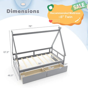 Twin Size House Bed with Roof and Safety Guardrail-Gray Toddler Beds