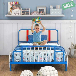 Twin Size Kids Bed Frame Car Shaped Metal Platform Bed with Upholstered Headboard Toddler Beds