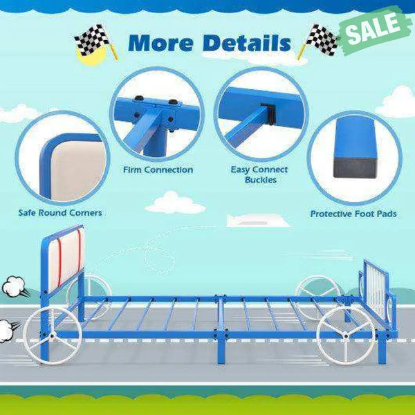 Twin Size Kids Bed Frame Car Shaped Metal Platform Bed with Upholstered Headboard Toddler Beds