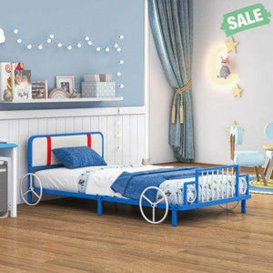 Twin Size Kids Bed Frame Car Shaped Metal Platform Bed with Upholstered Headboard Toddler Beds