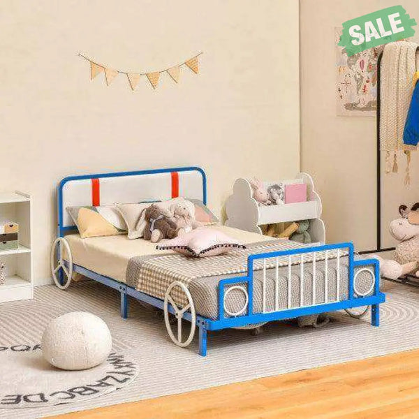 Twin Size Kids Bed Frame Car Shaped Metal Platform Bed with Upholstered Headboard Toddler Beds