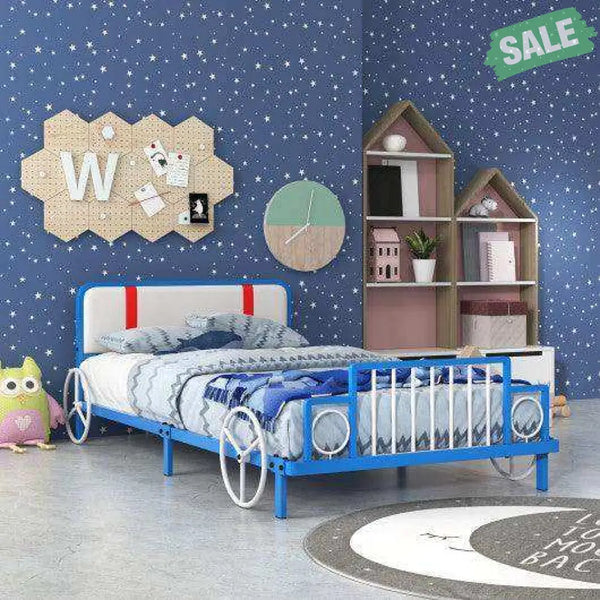 Twin Size Kids Bed Frame Car Shaped Metal Platform Bed with Upholstered Headboard Toddler Beds