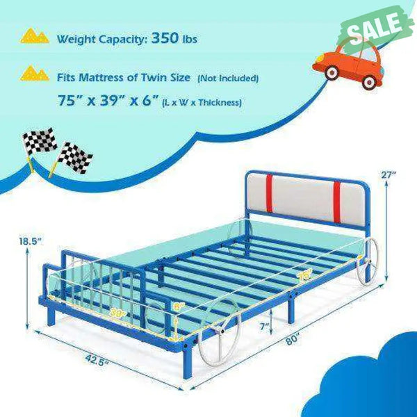 Twin Size Kids Bed Frame Car Shaped Metal Platform Bed with Upholstered Headboard Toddler Beds