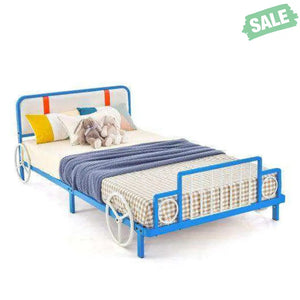 Twin Size Kids Bed Frame Car Shaped Metal Platform Bed with Upholstered Headboard Toddler Beds