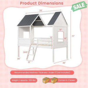 Twin Size Kids House Bed Low Loft Bed Frame with Roof-White White Toddler Beds