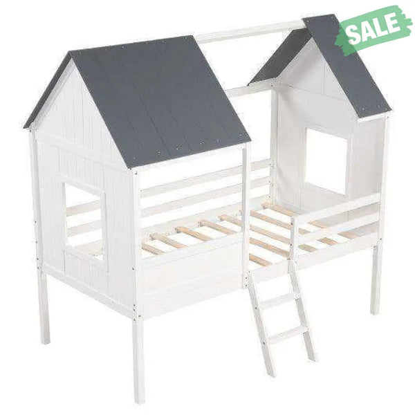 Twin Size Kids House Bed Low Loft Bed Frame with Roof-White White Toddler Beds