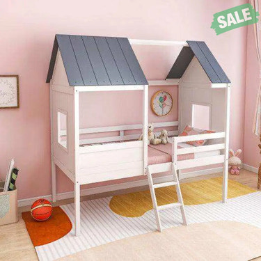Twin Size Kids House Bed Low Loft Bed Frame with Roof-White White Toddler Beds