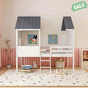 Twin Size Kids House Bed Low Loft Bed Frame with Roof-White White Toddler Beds
