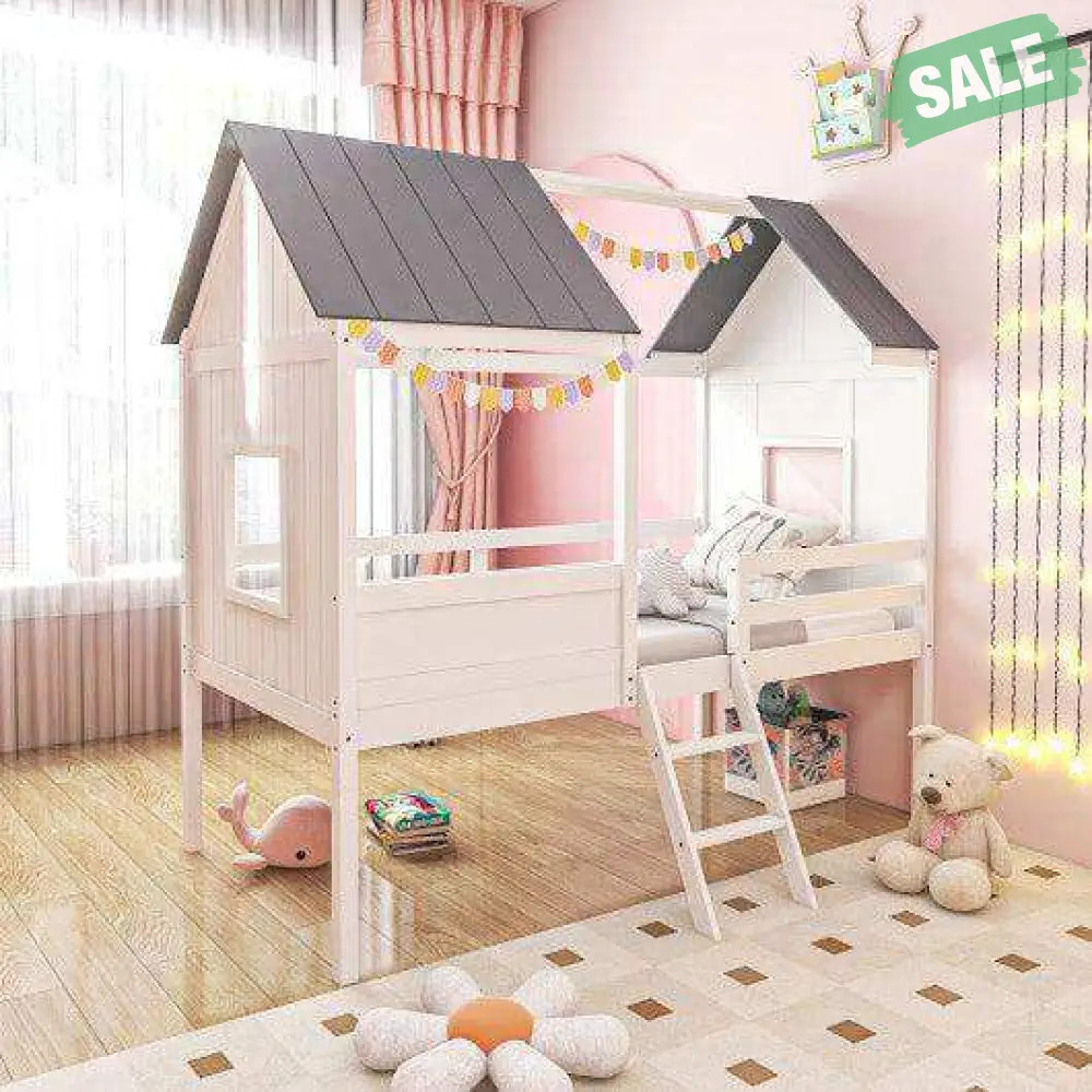 Twin Size Kids House Bed Low Loft Bed Frame with Roof-White White Toddler Beds