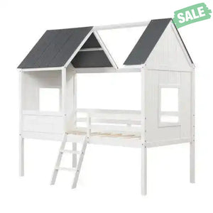 Twin Size Kids House Bed Low Loft Bed Frame with Roof-White White Toddler Beds